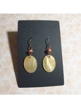 Mother Of Pearl Oval Drop Earrings Orange Bead Accent Lightweight Hook Back Gift